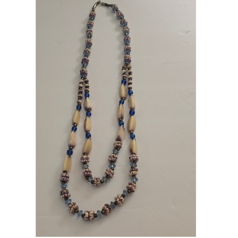 Vintage Double Strand Purple Cream Beaded Necklace Blue Glass Accents Bohemian